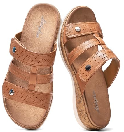 Littleplum Women Slides Sandals Arch Support Open Toe Walking Comfy Low Wedge Slides Adjustable Summer Shoes for Beach,Travel Brown Size 10