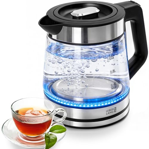 LEBENLANG Glas Wasserkocher klein - 1,2 Liter mit LED Beleuchtung I Edelstahl Design BPA-Frei Wasserkocher 1l 1 2 l Kleiner Reisewasserkocher für Camping & Glas Glaswasserkocher Leiser