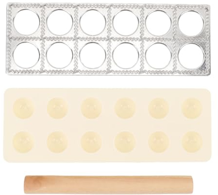 Máquina para prensar raviolis, juego de herramientas para hacer pasteles con 12 agujeros, molde cortador de bolas de masa de plástico de aleación de aluminio con rodillo de madera