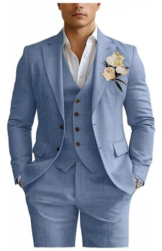 Completo da uomo in lino con blazer, gilet e pantaloni, set da 3 pezzi, per balli, matrimoni, affari, casual, Blu polvere., L