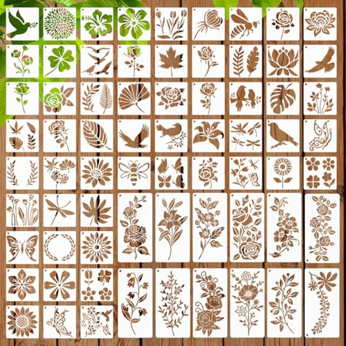 92Pcs Botanical Painting Stencils Set (80 Small 12 Large), Reusable Flower Stencil Wall Stencils for Painting, Nature Floral Butterfly Templates for Wood, Walls, Crafts Art Projects