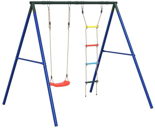 Schaukel-Set mit Schaukelsitz und Strickleiter, lackierter Stahl, 206x185x185 cm, max. Belastbarkeit 100 kg, für Kinder 3-10 Jahre, Gartenspielgerät für draußen, fördert Klettern und Spielen