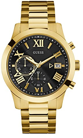GUESS Gold-Tone Stainless Steel + Black Chronogaph Bracelet Watch with Date. Color: Gold-Tone/Black (Model: U0668G8)