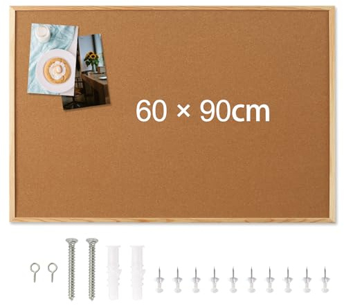 QUEENLINK Cork Notice Board Wooden Frame, 90 x 60 cm with 6 Pins, Double-Sided Available Cork Bulletin Board for Home Bedroom Offices Memo Message Pictures Planning