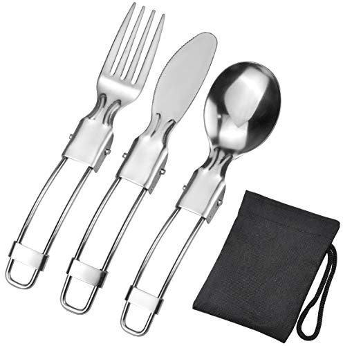 Foldable Cutlery Set 3 Piece Spoon, Knife and Fork Sets Portable 304 Stainless Steel for Camping Picnic Outdoor
