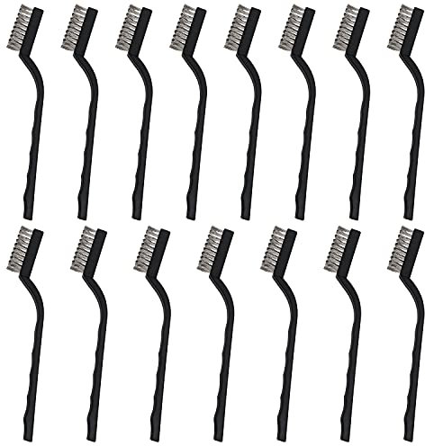 Belle Vous Mini Cepillo Alambre Acero Inoxidable (Pack de 15) Cepillo Limpieza Mango de Plástico Curvo y Agujero para Colgarlo - Cepillo Metalico Limpiar Cemento, Estufa, Fregadero, Oxido y Polvo
