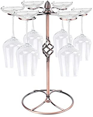 Hapivida Countertop Wine Glass Holder, Elegant Retro Style Steel Wine Glass Display Rack with 6 Hooks, Bronze Finish for Home Bar Restaurant Kitchen Dining Table