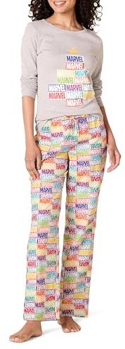 Amazon Essentials Disney | Marvel | Star Wars Set da Notte Pigiama in Flanella Donna, Marvel Holiday Bricks - Womens, M