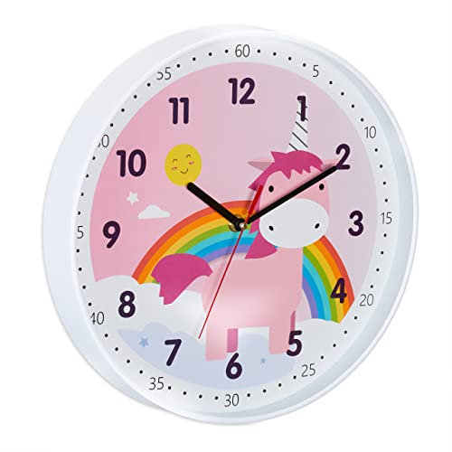 Relaxdays Einhorn Wanduhr, Ø 30 cm, Einhornuhr Kinder, mit Zahlen, Deko Kinderzimmer, Kinderuhr Wand, Kunststoff, bunt