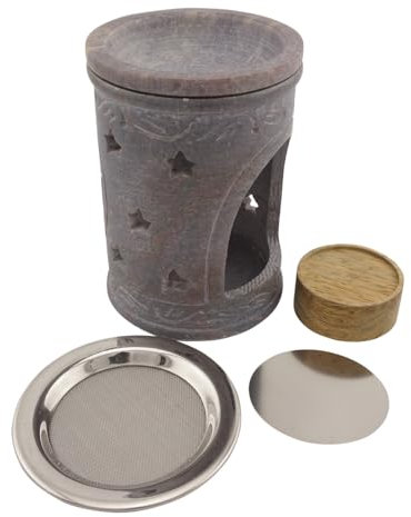 Duftlampe und Räucherstövchen aus indischem Speckstein mit Schale, Edelstahlsieb, Metallscheibe und Podest – Design „Sonne” – H 11 cm