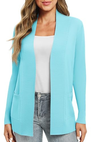 EXCHIC Donna Casuale Manica Lunga Lavorare a Maglia Cardigan Leggero Comodo Fronte aperto Maglioni Lunghi con Tasche(XXL, Azzurro)