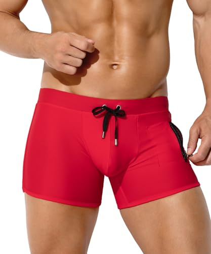 Mauro Kane Men's Swimming Trunks Shorts with Zipper Pockets Quick Dry Swimwear Boxers Underwear Drawstring Summer Beach Board Shorts Swimsuit Bottom,RED,L