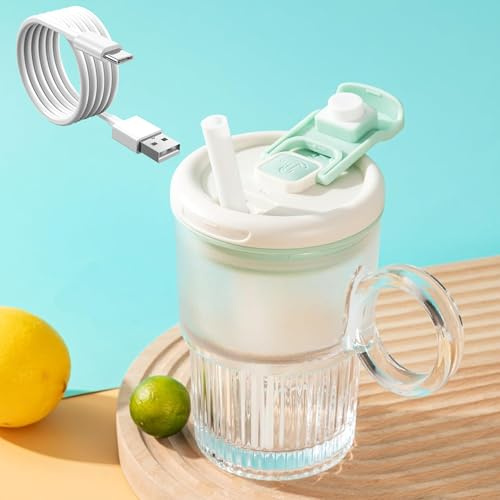 LMFUEN Automatic Stirring Mug Cup, Electric High Speed Mixing Cup,Waterproof Glass Self Stirring Travel Coffee Cup with Straw,Protein Shakes,Electric Mixing Coffee Mug Stirring (Cyan)