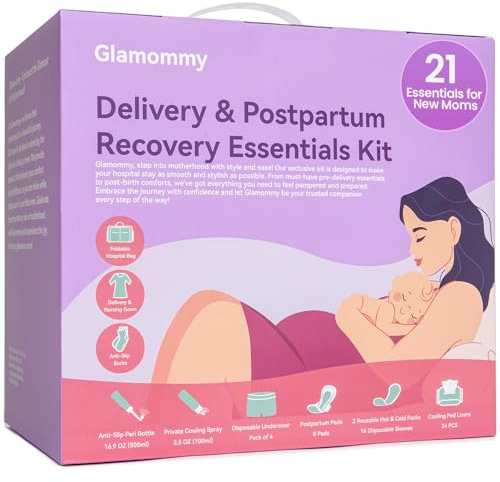 Glamommy Upgraded Postpartum Recovery Essentials Kit for Labor & Delivery | Includes nursing gown, luggage bags, socks, peri bottle, cooling spray, underwear, pads, hot cold packs & cooling liners