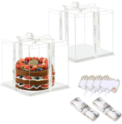 Vebetter 2pcs Boite a Gateau Transparente Boite Layer Cake Boite de Transport Gateau 18x 18cm Réutilisable Boîte à Gâteaux en Plastique avec Ruban pour Gateau et Présentoir à Dessert, 4 inch.