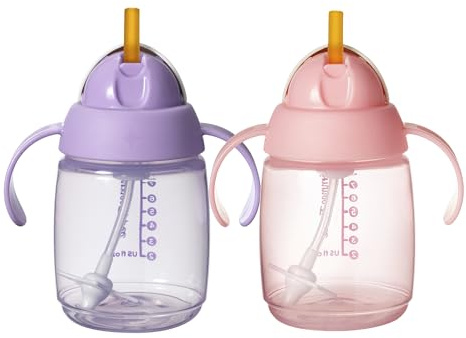 Tommee Tippee Starter Weighted Straw Baby & Toddler 10oz Sippy Cup for 6 Months+, with Silicone Weighted Straw and Easy-Hold Handles, BPA Free, Pink & Purple, Pack of 2