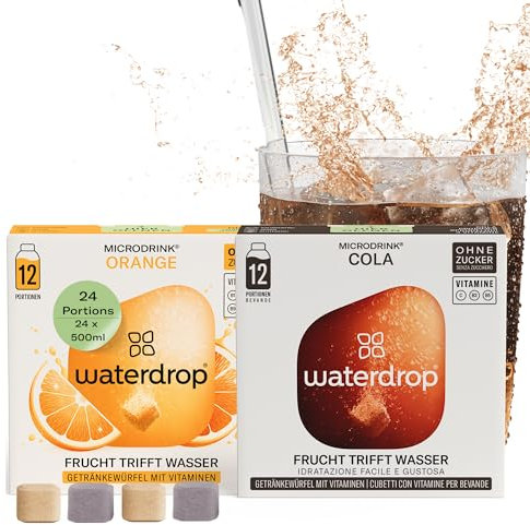 waterdrop® Microdrink Set – Orange & Cola zuckerfrei, 24 Würfel – erfrischenden Geschmack für Wasser – Getränke ohne Zucker – Geschmackspulver mit Vitaminen – Wasserzusatz für Limonade & Cola