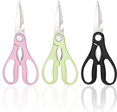 Ptwola Confezione da 3 forbici da cucina multiuso in acciaio inox, forbici multifunzione da cucina con manici morbidi, set di utensili per carne, pesce, pizza, verdure, pollo