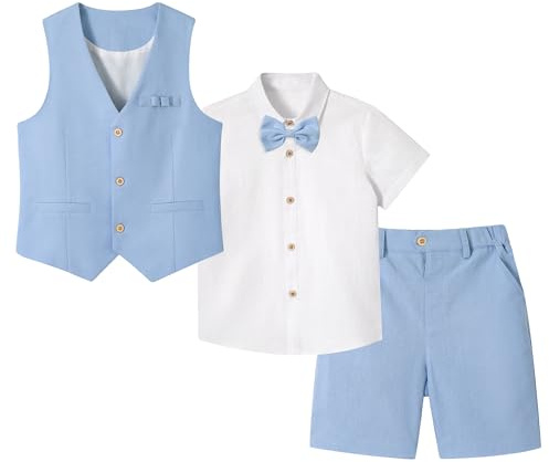 LOLANTA 4PCS Traje de Boda Verano para Niños, Conjunto de Chaleco y Pantalón Corto de Lino para Niños, Ropa de Bautizo Ceremonia Fiesta, Chaleco + Pantalón + Camisa + Pajarita, Azul Cielo 8-9 años