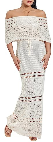 LYSINK Women Off Shoulder Dress Short Sleeve Crochet Knit Pattern Hollow Tie Up Summer Long Tube Dress (Ba Apricot, L)