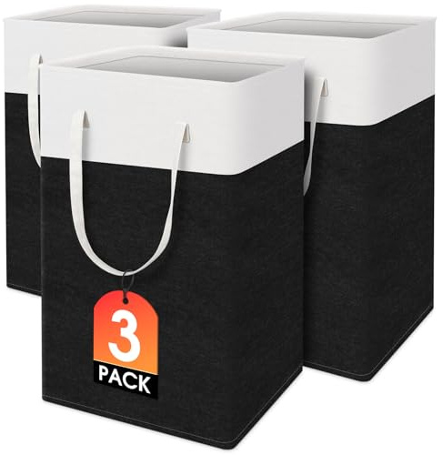 TasticTotes laundry basket 3-Pack, laundry hamper, Hamper with handles, collapsible laundry baskets, Waterproof dirty clothes hamper, Towel Storage for Home or Dorm, 75L-Black
