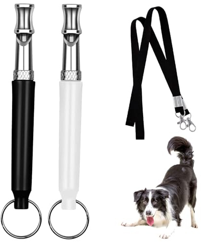 Omnikryp 2 Pezzi Fischietto per Cani, Silenzioso Fischietto Ultrasuoni per Cani, Utilizzato per Il Richiamo e L'addestramento del Cane, con Cordoncino (Nero, Bianco)