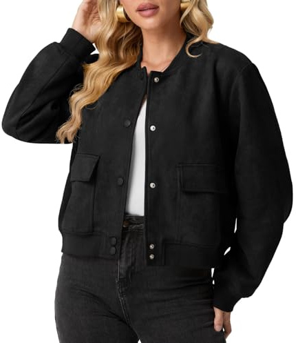 GRECERELLE Womens Bomber Jacket Long Sleeve Crop Casual Smart Biker Vintage Classic Work Shacket Coat for Ladies with Snap Buttons, Two Pockets, Elastic Cuffs and Hem