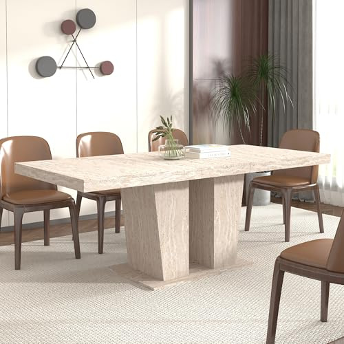 78.74 Extendable Dining Table for 6 8 10 Person, Modern Travertine Expandable Kitchen Table with Dual Column Pedestal Base, Large Rectangle Wooden Expanding Table for Kitchen Dining Conference Room