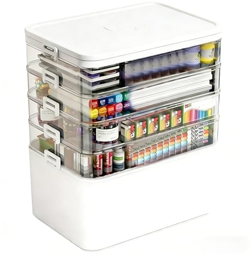 5-Tier Medicine Organizer Storage Box, Portable Latch Bin with Lid and Leather Handle, Cabinet Closet Organization for Home Office, Pill Bottle, First Aid, Sewing, Art, Craft