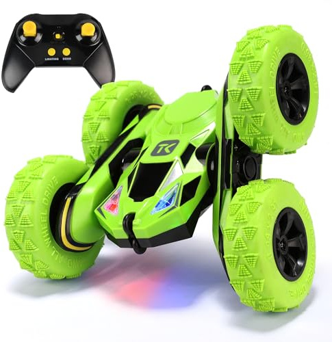 Threeking Remote Control Car 4WD 360° Flip Stunt Double Sided Driving Durable RC Cars with Breathing Soft Lights, Green, Unique Toys Gifts for Boys Girls Ages 6-12