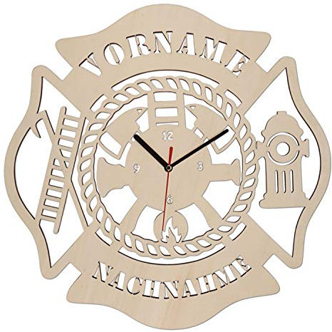 Namofactur Feuerwehr Geschenke für Männer & Kinder Geschenkartikel mit Gravur Wand Uhr Holz Deko personalisiert