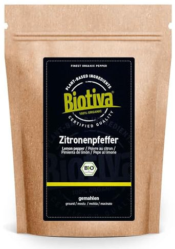 poivre au citron Bio 250g - mélange de poivre épicé (moulu) - idéal pour les plats de poisson - Lemon Pepper - mis en bouteille en Allemagne- Biotiva