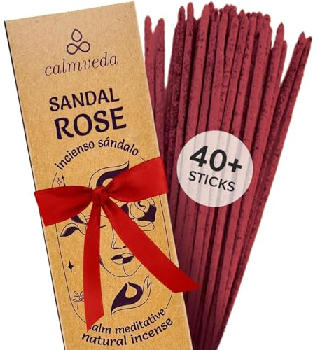 Naturlig sandelros rökelsepinnar – för meditation, 40 + pack, kolfria | 2 x tjock handrullad rökelse, söt träig sandelträ för lugn känsla, Incienso de Rosas (45 min + brännning, 9 tum lång)