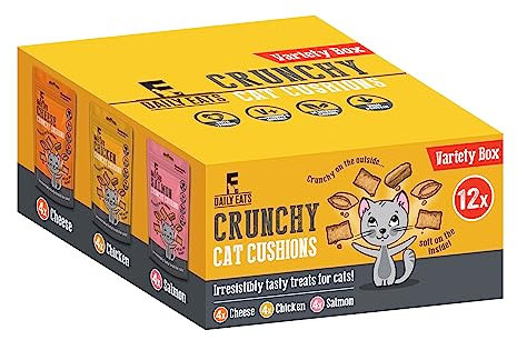 Rosewood Daily Eats Crunchy Cushions Variety Box - Chicken, Cheese, and Salmon Treats for Cats, Tasty Cat Treats with Taurine, Added Vitamins and Minerals, Small Bite Sized Cat Snacks (12pc, 720g Box)