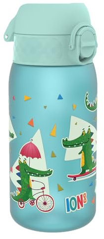 ION8 Kinder Trinkflasche, 350ml, Auslaufsicher, Einhandöffnung, Sichere Verriegelung, Spülmaschinenfest, BPA-frei, Tragegriff, Klappdeckel, Leicht zu Reinigen, Klimaneutral, Krokodile Design