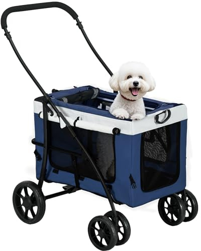 PawHut Carrito para Perros 4 en 1, Cochecito para Perros Plegable, Transportín para Mascotas con Vagón Desmontable, Cojín, Carga 10 kg, para Pequeños, Azul
