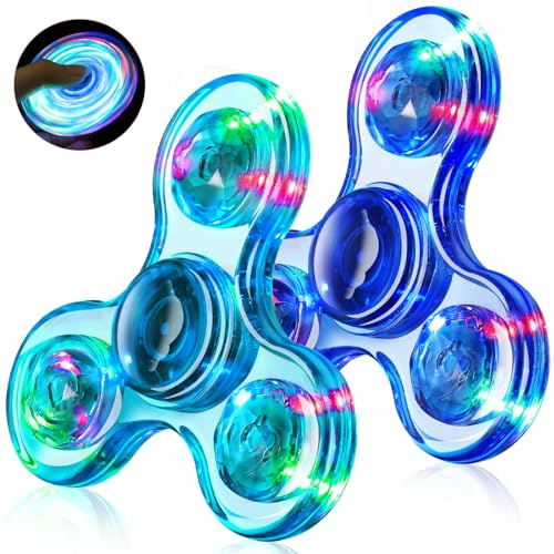 Gigilli Fidget Spinners Set de 2 pièces, Enfants et Adultes LED Lumineux Fidget Jouet, Cristal Main Spinner Lumineux Fidget Jouet, 4-8 - 12 Ans Anniversaire Prix de Classe, Bleu Clair & Bleu