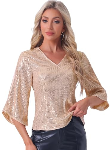 Allegra K Donna Top con Paillettes per Camicetta con Maniche A 3/4 E Scollo A V, Scintillante, Party Club, Discoteca da Festival per Halloween Oro L