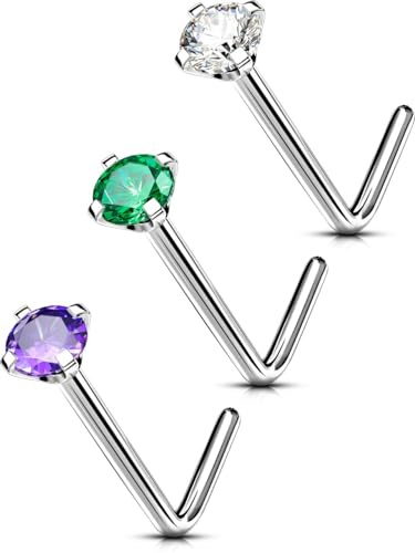 OUFER 20G 3PCS Piercing Naso Titanio G23 a Forma di L, Piercing per Narice con Zirconi Trasparenti/Verdi/Viola, Stecker per Naso da 6 mm, Vite per Naso, Gioielli per Donna, Anello Naso