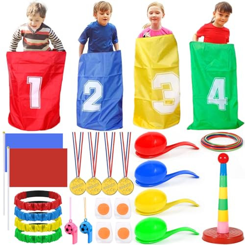 Purpledi Outdoor Spiele für Kinder Set, Outdoor Spielzeug Kindergeburtstag Partyspiele für Kinder Erwachsene, Sackhüpfen Säcke, Eierlaufen, Medaillen, Outdoorspiele Beburtstagsspiele Beschäftigung