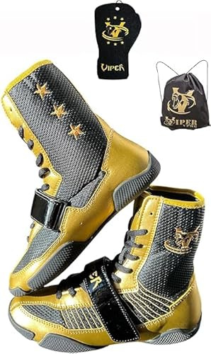 VIPER PRO Boxing Boots for Men Women Kids – Lightweight High Top Boxing Shoes with Ankle Support, Non Slip Sole, Breathable Mesh, Wrestling MMA Training Footwear, Black Gold