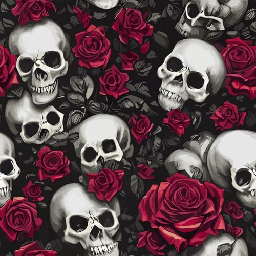 VEELIKE Self Adhesive Wallpaper Dark Skull Wallpaper Gothic Rose Flower Wall Paper 44.5 cm x 300 cm Art Deco Wall Mural Living Room Bathroom Bedroom Removable Patterned Sticky Back Plastic Roll