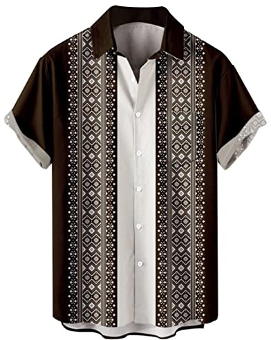 Män vintage bowling skjorta 1950-talet retro rockabilly stil kortärmad button down musik Hawaiiska skjortor ledig kortärmad knappslå kontrasterande skjorta färgblock kubanska skjortor, #24, 4XL