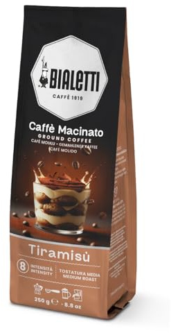 Bialetti Café molido universal 250 g – Mezcla aromatizada con Tiramisú, apto para cafetera Moka, prensa francesa y máquinas espresso