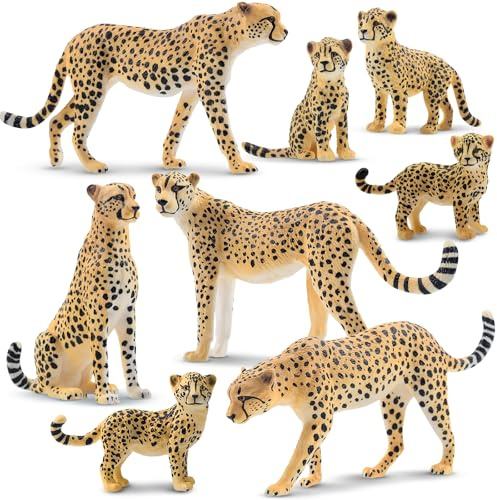 TOYMANY 8 figuras de guepardo con bebé, figuras realistas de animales de la selva, juego familiar, juguetes de zoo salvaje, decoración para tartas, decoración navideña