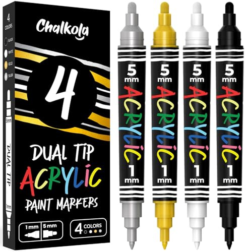Chalkola 4 Acrylic Paint Pens Dual Tip (White, Black, Gold & Silver) 1mm Fine Tip & 5mm Medium | Permanent Acrylic Paint Markers for Rock Painting, Plastic, Wood, Ceramic, Glass, Fabric, Metal