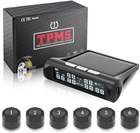 Avutrel TPMS 9,9bar(144psi) Sistema di Controllo della Pressione dei Pneumatici con 6 Sensori Esterni, Ricarica Solare e USB, 6 Gomme modalità di Allarme per Camion, Roulotte
