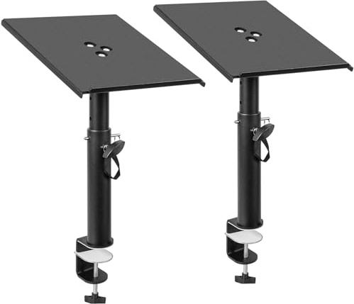 FREEAMG Set of 2 Desktop Clamp Speaker Stands with Height Adjustable, Clamp-on Speaker Stand with Adjustable Tilt Angle Tray of 0-12°, Studio Monitor Stand for Bookshelf Monitor Speakers(Black)