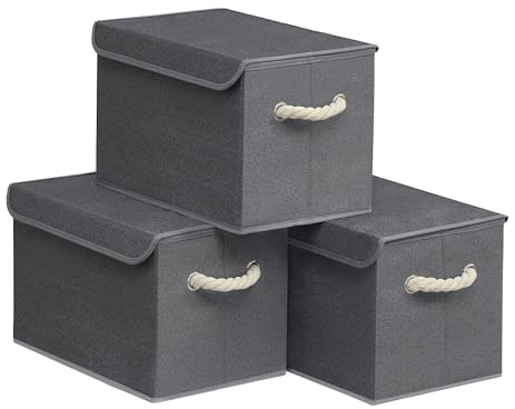 SONGMICS Scatole Portaoggetti con Coperchio, Set di 3, Contenitori in Tessuto Pieghevoli, Organizer per Armadio, Manici, per Camera da Letto Soggiorno, 38 x 25 x 25 cm, Grigio Ardesia RFB013GZ01