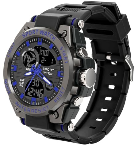 Relojes Digitales para Hombre, Reloj Analógico de Cuarzo, Relojes De Pulsera para Hombres con Correa de Caucho, Fecha, Impermeables, Luminoso Elegante Regalo para Hombre(Azul-Negro)
